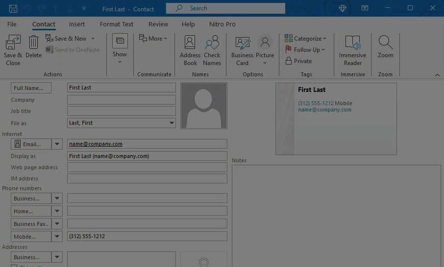 Animated GIF exporting a VCF file (vCard) in Outlook